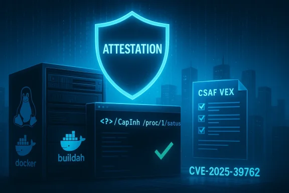Neon blue scene shows ATTESTATION shield over container tech (Docker/Buildah) with CVE-2025-39762 report.