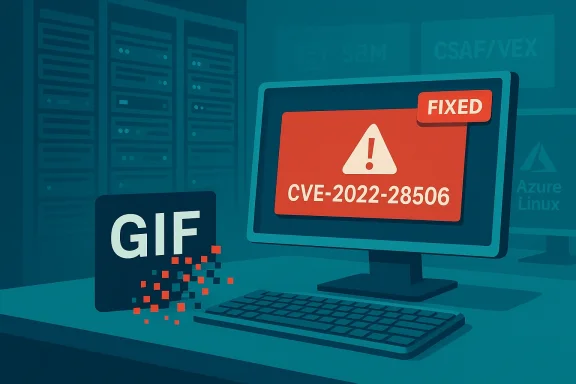 A computer monitor shows a FIXED CVE-2022-28506 warning in a data center beside a GIF graphic.