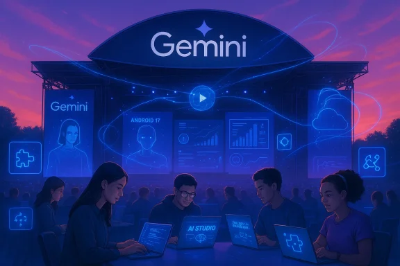Gemini tech conference on a blue-lit stage with holographic visuals as attendees code on laptops.
