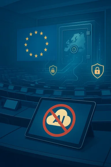 EU conference stage with a No AI sign and security-themed digital visuals.