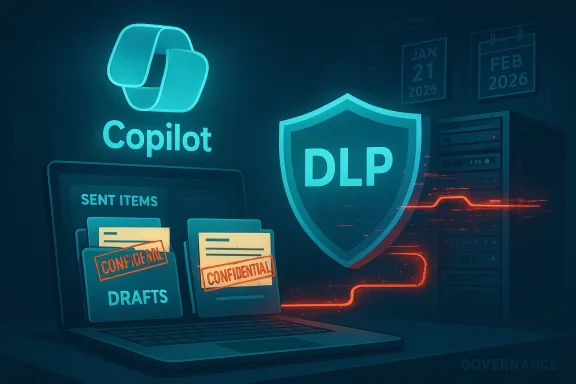 Neon blue illustration of Copilot and a DLP shield guarding confidential drafts and sent items on a laptop.