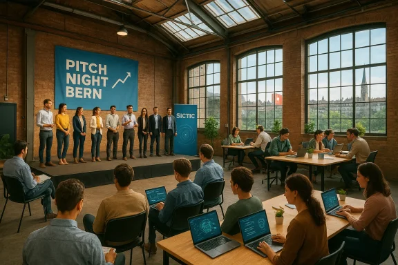 Startup teams present on stage at Pitch Night Bern in a bright brick hall.