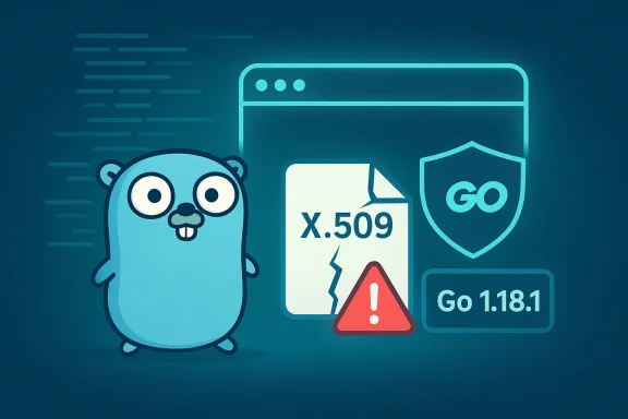 A blue Go gopher stands beside a window showing an X.509 warning and Go 1.18.1 security alert.