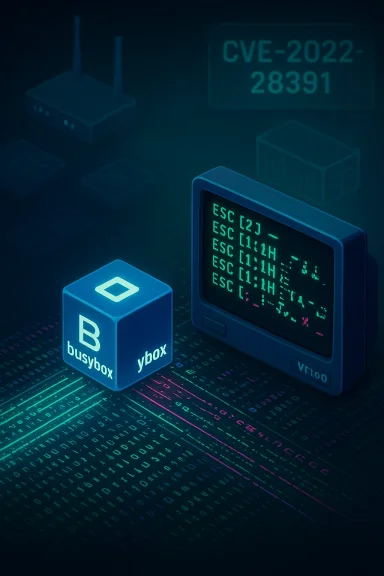 Neon cyberpunk scene featuring a BusyBox cube and a vintage monitor showing CVE-2022-28391.