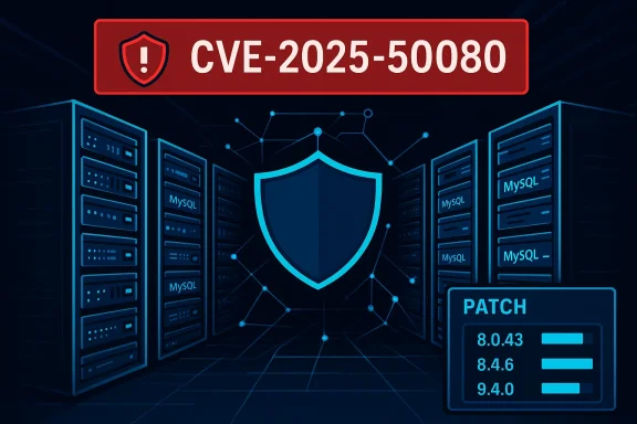 Red CVE-2025-50080 alert hovers over blue MySQL servers protected by a shield.