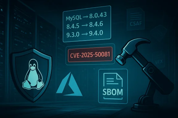 Cybersecurity scene with a Linux shield, SBOM icon, CVE alert, and a hammer-wielding robotic arm in a data center.