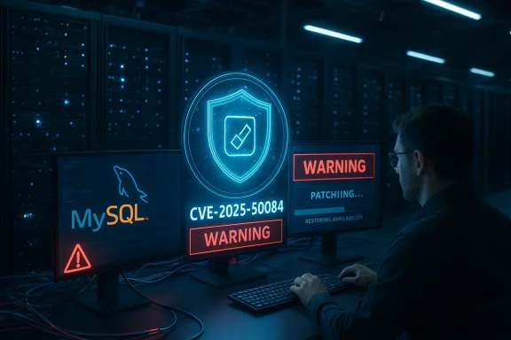 Cybersecurity analyst monitors data-center servers as neon shield shows CVE-2025-50084 patching.