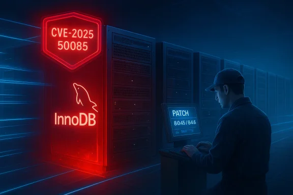 Technician patches servers in a neon-blue data center beside a red InnoDB/CVE-2025 sign.