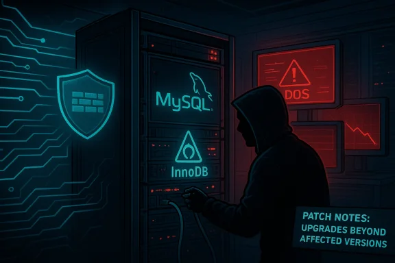 A hooded hacker at a MySQL server rack with InnoDB, amid glowing blue circuits and red warnings.