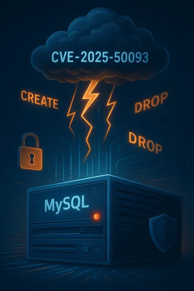 A MySQL server amid a CVE-2025-50093 cloud exploit with create/drop threats.