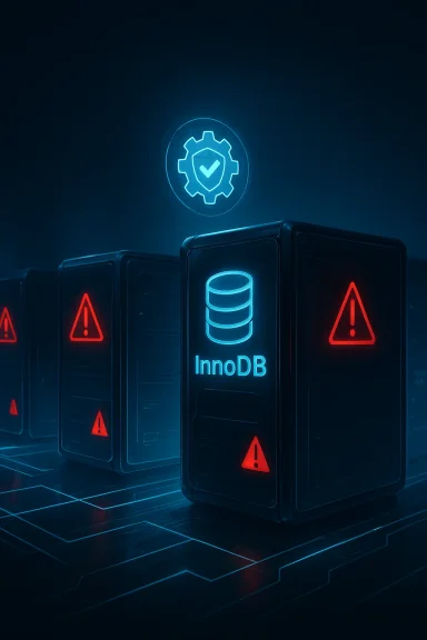 Futuristic data center with InnoDB servers glowing blue and red warning icons.