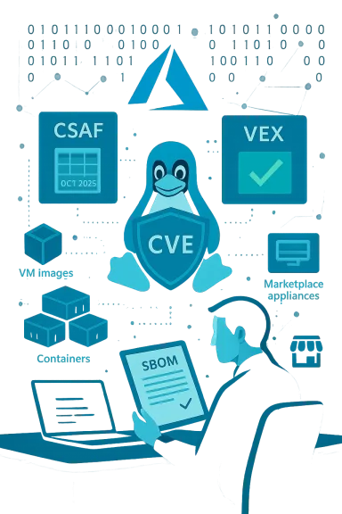 Blue-toned cybersecurity scene with Linux penguin wearing a CVE shield among CSAF, VEX, and SBOM icons.