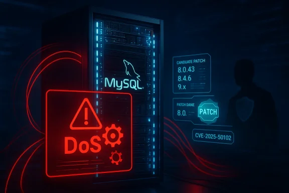 A data center server displays MySQL branding with a red DoS warning and blue patch notes hologram.