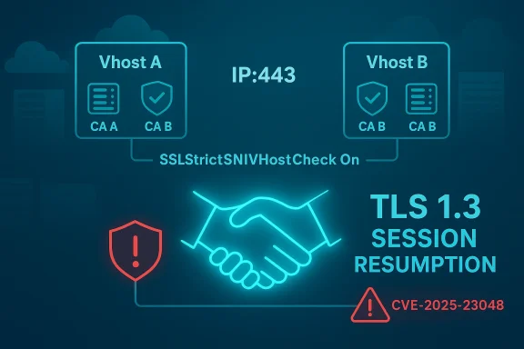TLS 1.3 session resumption graphic showing Vhost A and Vhost B with SSLStrictSNIVHostCheck On.