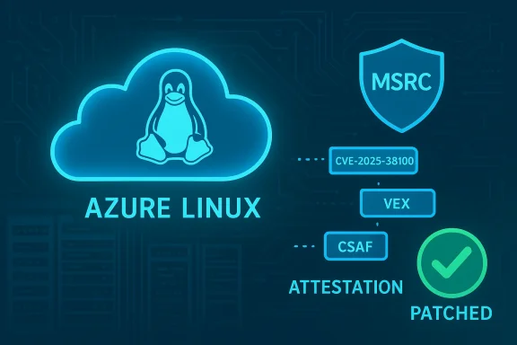 Azure Linux cloud with the Linux penguin, CVE patching, attestation, and security labels.