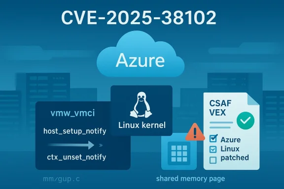 Azure cloud depicts CVE-2025-38102 in a Linux kernel vulnerability with patch status.