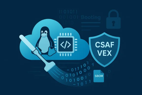 Blue cloud-security illustration with Tux the Penguin wielding a sword, a microchip, SBOM, and CSAF VEX shield.