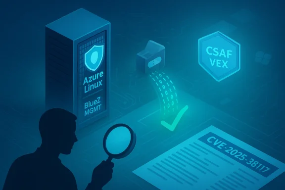 Security analyst examines an Azure Linux server, a CVE report, and CSAF VEX shield.