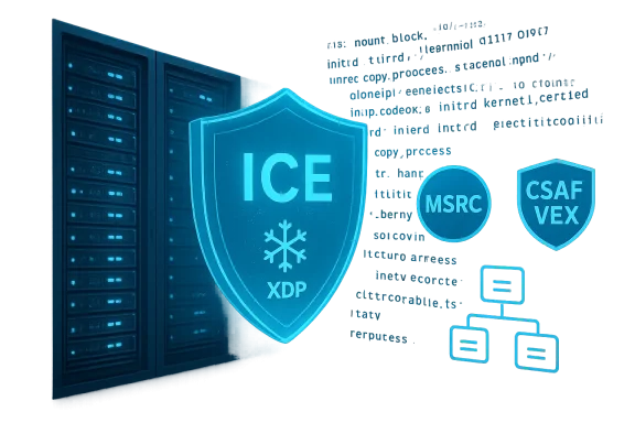 Blue neon data center illustration featuring an ICE XDP shield and security icons (MSRC, CSAF VEX).