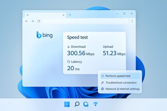Windows-style browser shows Bing speed test results: 300.56 Mbps down, 51.23 Mbps up, 20 ms latency.
