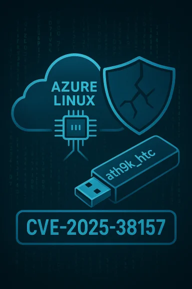 Cybersecurity illustration of Azure Linux with a USB drive, shield, and the CVE-2025-38157 vulnerability.