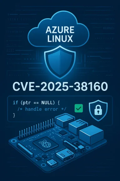 Azure Linux security illustration highlighting CVE-2025-38160 with code snippet and a Raspberry Pi board.