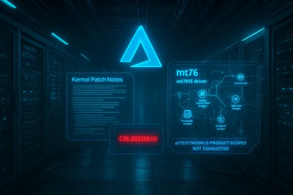 Futuristic server room with glowing blue holographic panels about kernel patches and mt76 driver, and a neon logo.