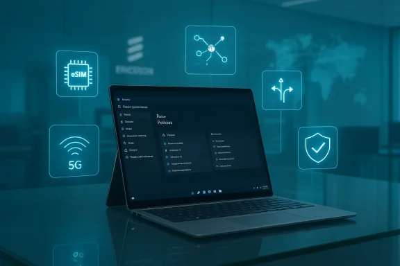 A laptop on a glass desk with glowing holographic icons for 5G, eSIM, network, and security.