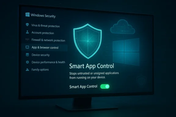 Windows Security dashboard displaying Smart App Control toggle on a blue screen.