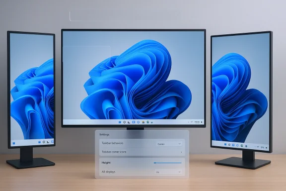 A three-monitor desktop setup with blue abstract wallpaper and a translucent settings panel.