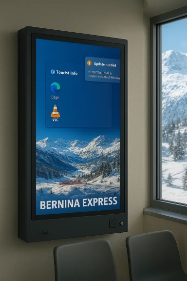 A large digital display in a train shows a Bernina Express promo against a snowy mountain backdrop.