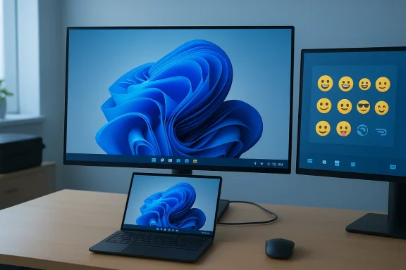 Clean desk setup with a large monitor, a laptop showing blue abstract wallpaper, and a second monitor with emoji icons.