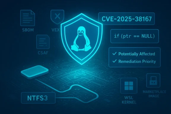 Blue cyber-themed image showing a Linux penguin shield, CVE-2025-38167, code snippet, and system components.