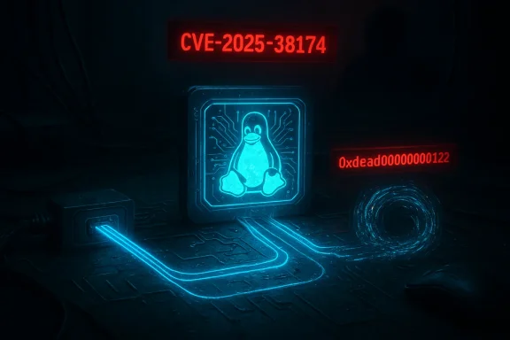 A blue-glowing Linux penguin on a circuit board, with red digital codes in the background.