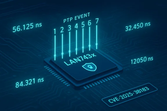 Glowing LAN7433X chip on a PCB with timing measurements and a CVE-2025-38183 label.