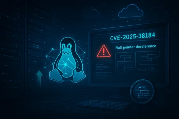 Futuristic data center with Linux penguin and a CVE-2025-38184 null pointer dereference warning.