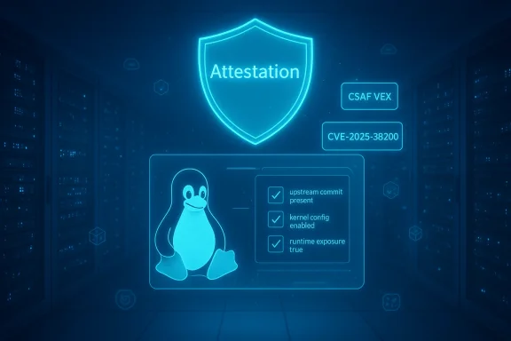 Neon blue holographic attestation shield above Linux penguin with a security checklist in a server room.