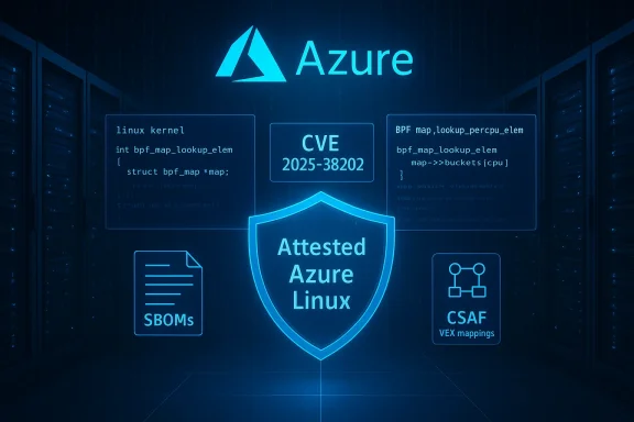 Azure logo with a glowing shield labeled 'Attested Azure Linux' amid blue data-center panels.