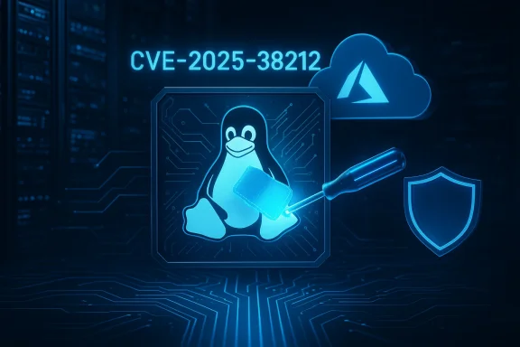 Blue cyber scene: Linux penguin patches CVE-2025-38212 with solder amid cloud and shield icons.