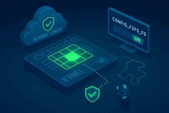 Azure Linux cloud with a kernel diagram, security shield, and ON config.