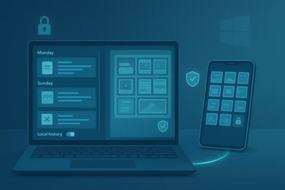 Blue-toned illustration of a laptop and phone syncing apps with security icons.