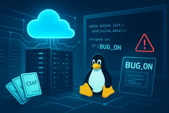 Linux penguin beside cloud servers, inspecting BUG_ON warning in code.