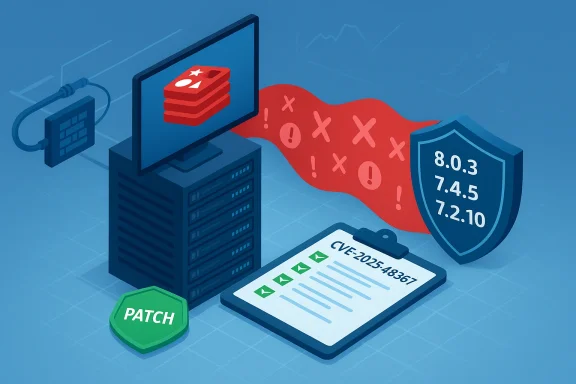 Patch deployed to fix CVE-2025-48367 on a server, shielding multiple versions.