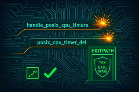 Neon circuit-board artwork showing handle_posix_cpu_timers and posix_cpu_timer_del, with an EXIT PATH shield.