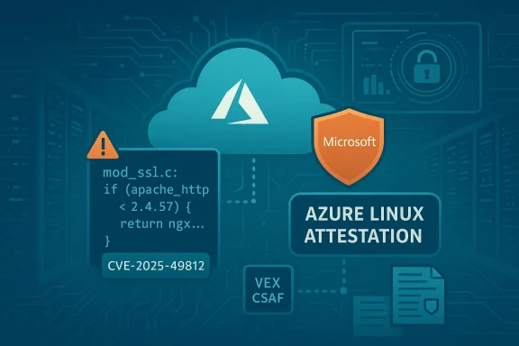 Azure Linux Attestation illustration with a Microsoft shield and CVE-2025-49812 code snippet.