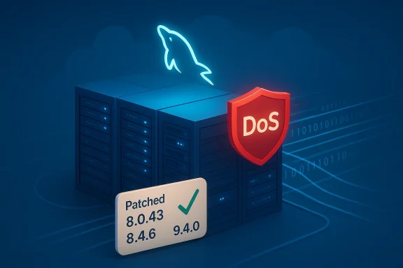 Server rack secured with a DoS shield and patch status, topped by a neon dolphin.