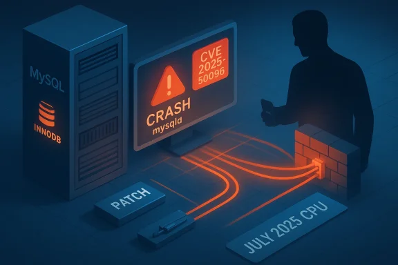 Security patch applied to fix a MySQL crash vulnerability (CVE-2025-50096) on a server.