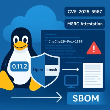 Linux penguin shields against libssh vulnerability CVE-2025-5987 with SBOM attestation.