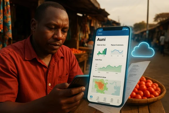 Market vendor using a phone with a holographic data dashboard beside a basket of tomatoes.