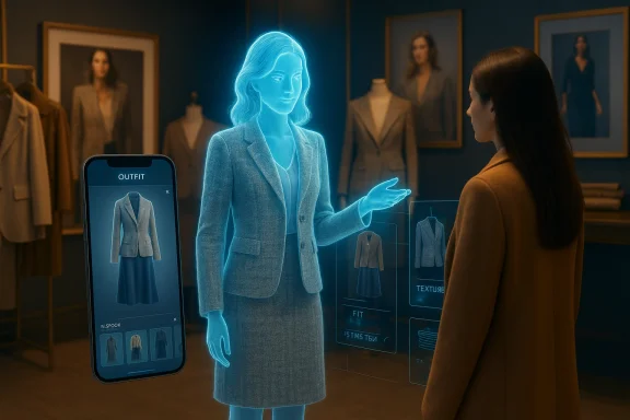 A shopper uses an AR holographic assistant to try on a blazer in a store.